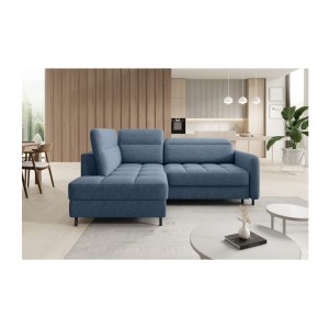 Canapé d’angle gauche convertible BARNEA 208 cm bleu marine chiné avec rangement 