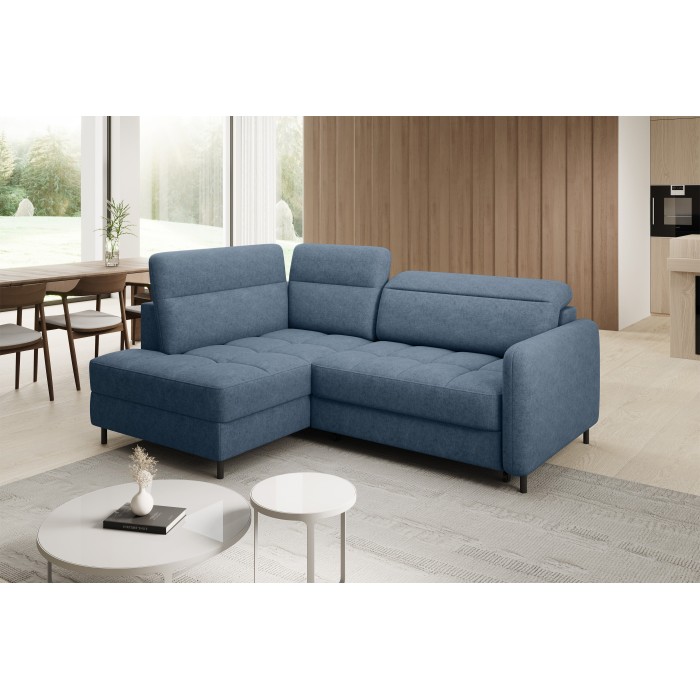 Canapé d’angle gauche convertible BARNEA 208 cm bleu marine chiné avec rangement 