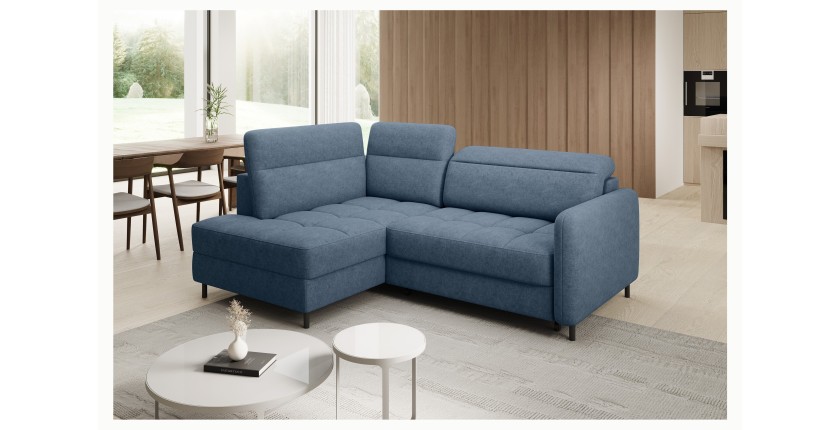 Canapé d’angle gauche convertible BARNEA 208 cm bleu marine chiné avec rangement 