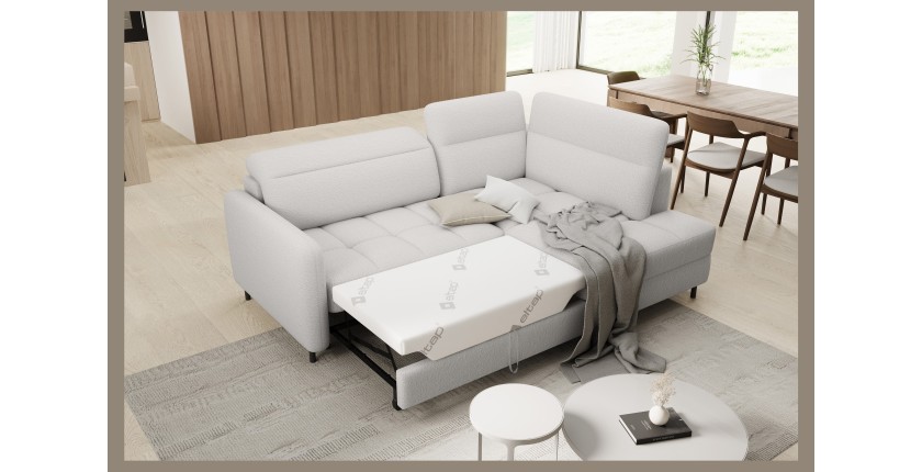 Canapé d’angle droit convertible BARNEA 208 cm blanc chenille avec rangement 