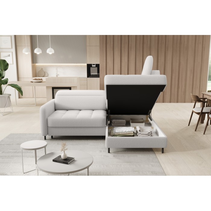 Canapé d’angle droit convertible BARNEA 208 cm blanc chenille avec rangement 