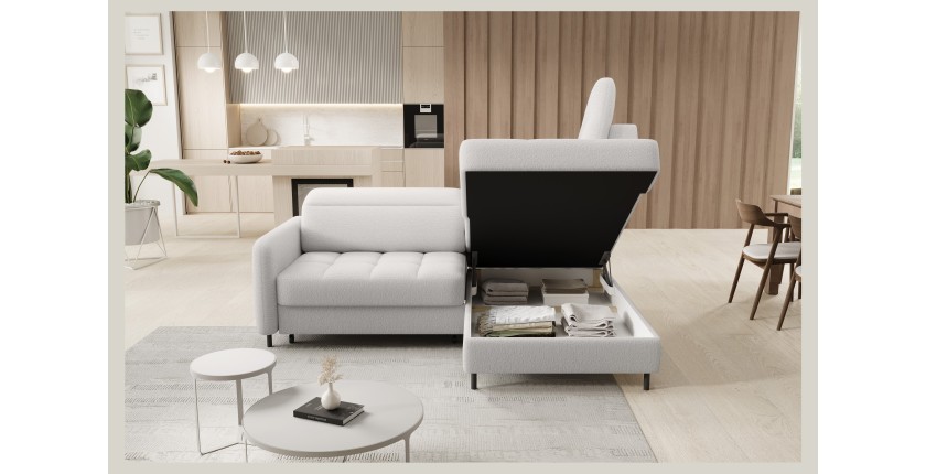 Canapé d’angle droit convertible BARNEA 208 cm blanc chenille avec rangement 