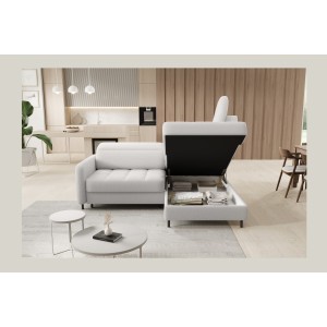 Canapé d’angle droit convertible BARNEA 208 cm blanc chenille avec rangement 