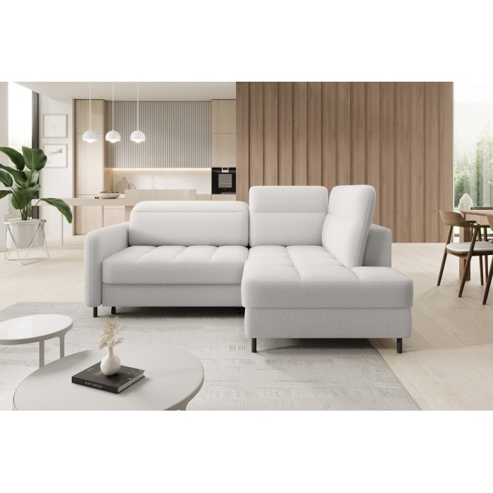 Canapé d’angle droit convertible BARNEA 208 cm blanc chenille avec rangement 