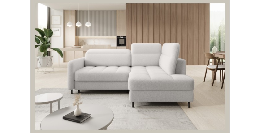 Canapé d’angle droit convertible BARNEA 208 cm blanc chenille avec rangement 