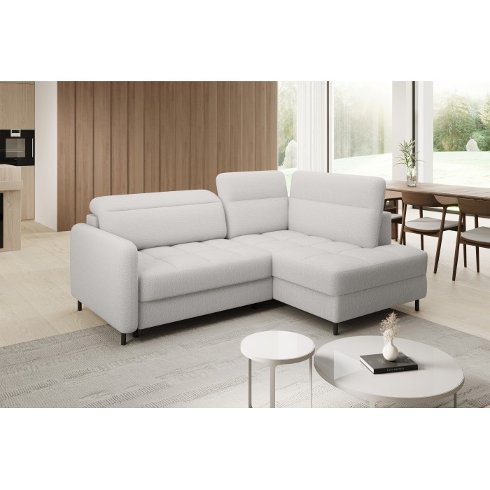 Canapé d’angle droit convertible BARNEA 208 cm blanc chenille avec rangement 