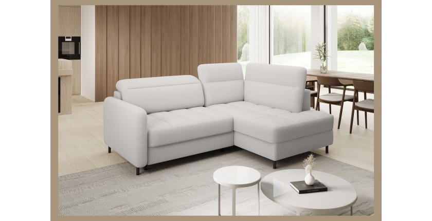 Canapé d’angle droit convertible BARNEA 208 cm blanc chenille avec rangement 