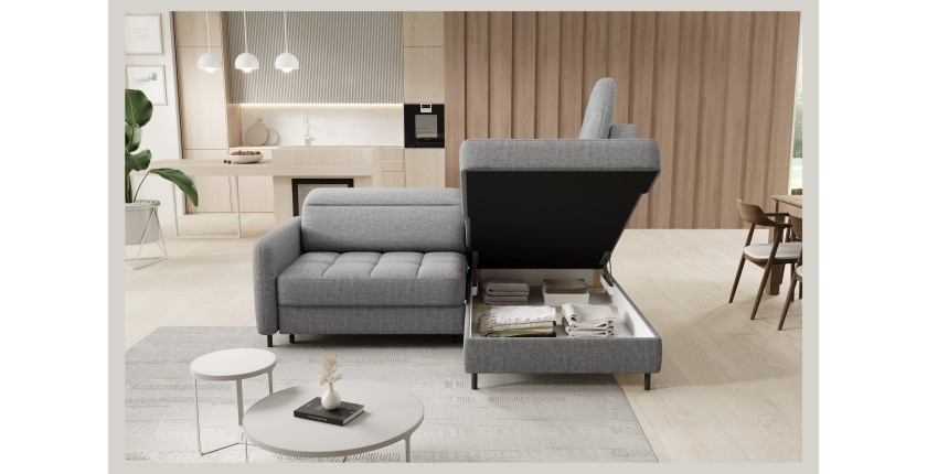 Canapé d’angle droit convertible BARNEA 208 cm gris chiné avec rangement 