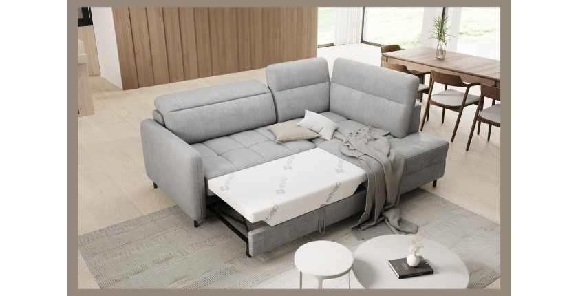 Canapé d’angle droit convertible BARNEA 208 cm gris clair avec rangement 