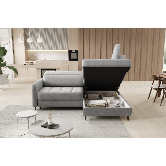Canapé d’angle droit convertible BARNEA 208 cm gris clair avec rangement 