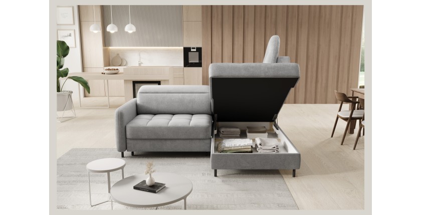 Canapé d’angle droit convertible BARNEA 208 cm gris clair avec rangement 