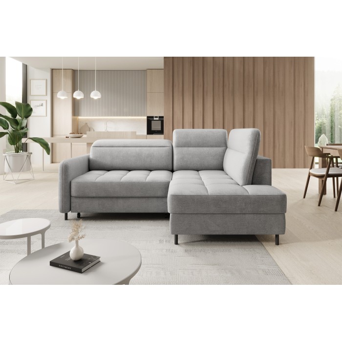 Canapé d’angle droit convertible BARNEA 208 cm gris clair avec rangement 