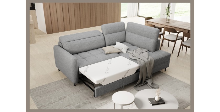 Canapé d’angle droit convertible BARNEA 208 cm gris clair avec rangement 