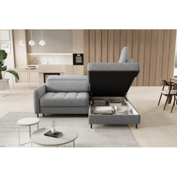 Canapé d’angle droit convertible BARNEA 208 cm gris clair avec rangement 