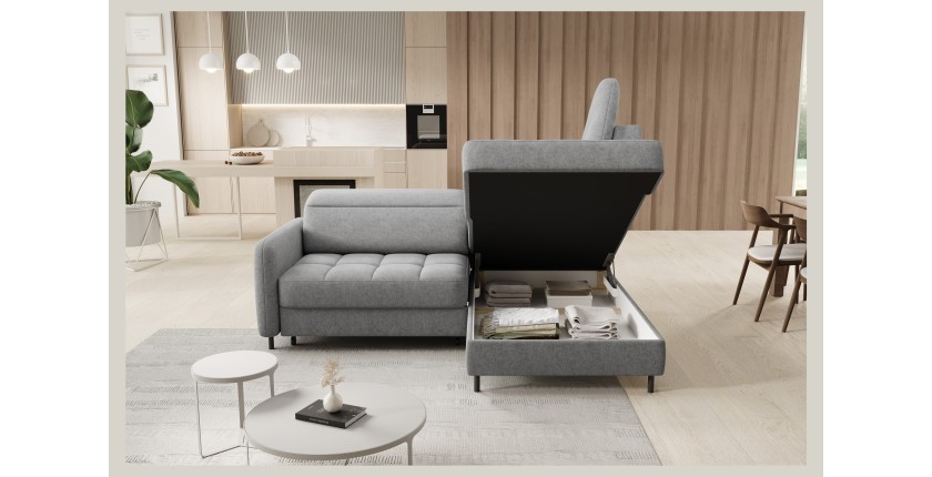 Canapé d’angle droit convertible BARNEA 208 cm gris clair avec rangement 