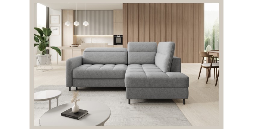 Canapé d’angle droit convertible BARNEA 208 cm gris clair avec rangement 