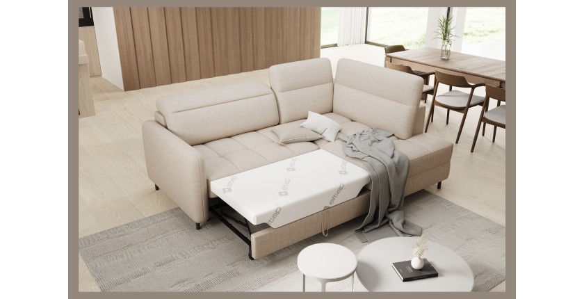 Canapé d’angle droit convertible BARNEA 208 cm beige crème avec rangement 