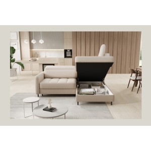 Canapé d’angle droit convertible BARNEA 208 cm beige crème avec rangement 
