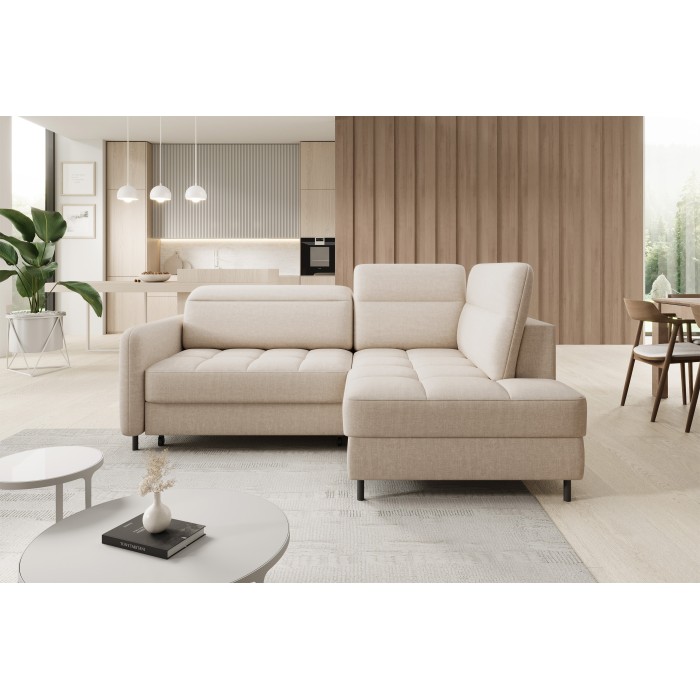 Canapé d’angle droit convertible BARNEA 208 cm beige crème avec rangement 