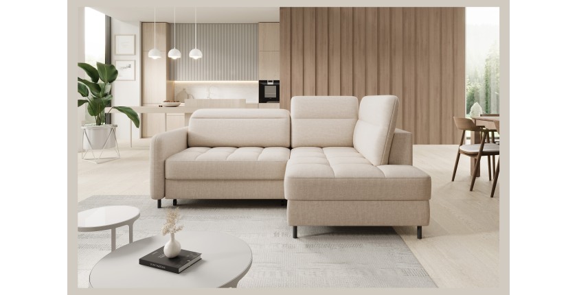 Canapé d’angle droit convertible BARNEA 208 cm beige crème avec rangement 