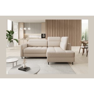 Canapé d’angle droit convertible BARNEA 208 cm beige crème avec rangement 
