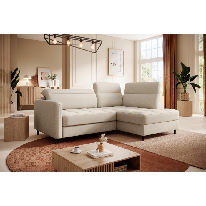 Canapé d’angle droit convertible BARNEA 208 cm beige crème avec rangement 