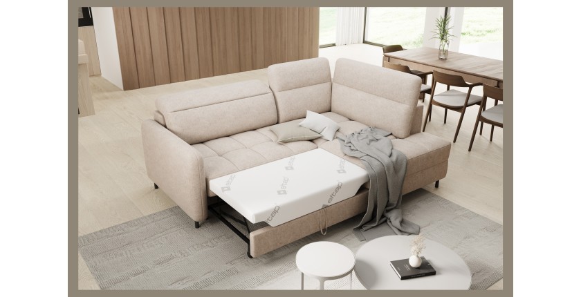 Canapé d’angle droit convertible BARNEA 208 cm beige crème avec rangement 