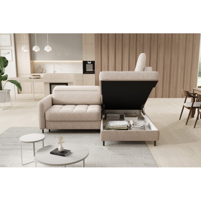Canapé d’angle droit convertible BARNEA 208 cm beige crème avec rangement 
