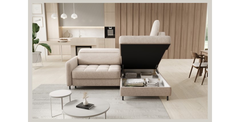 Canapé d’angle droit convertible BARNEA 208 cm beige crème avec rangement 