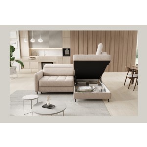 Canapé d’angle droit convertible BARNEA 208 cm beige crème avec rangement 