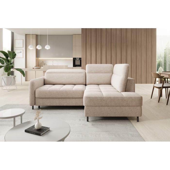 Canapé d’angle droit convertible BARNEA 208 cm beige crème avec rangement 