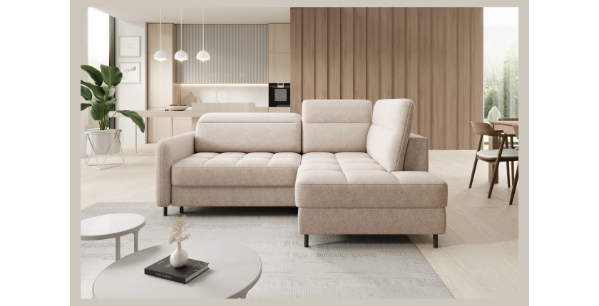 Canapé d’angle droit convertible BARNEA 208 cm beige crème avec rangement 