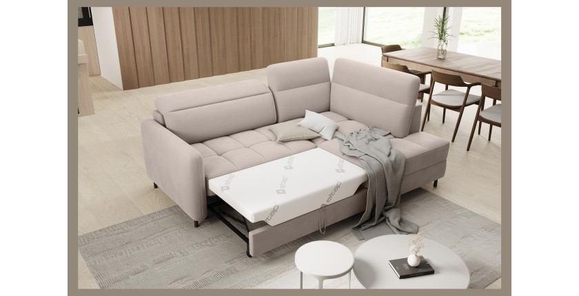 Canapé d’angle droit convertible BARNEA 208 cm beige crème avec rangement 