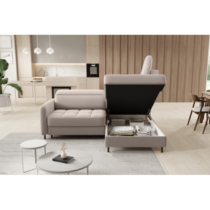 Canapé d’angle droit convertible BARNEA 208 cm beige crème avec rangement 