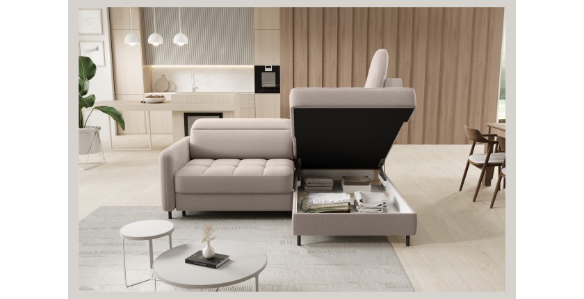 Canapé d’angle droit convertible BARNEA 208 cm beige crème avec rangement 
