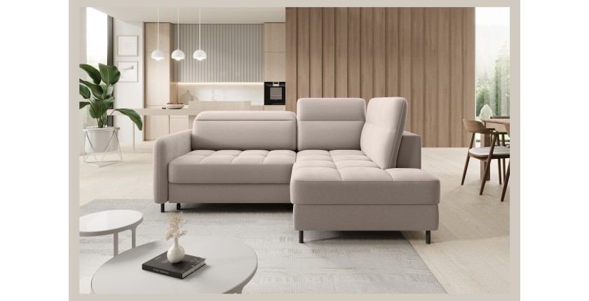 Canapé d’angle droit convertible BARNEA 208 cm beige crème avec rangement 