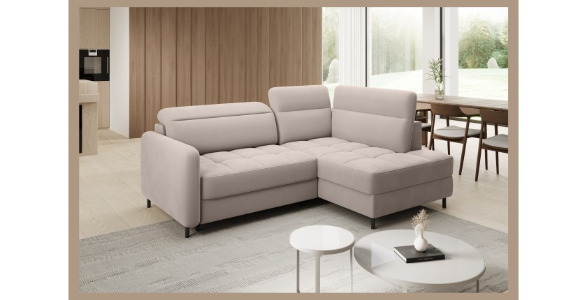 Canapé d’angle droit convertible BARNEA 208 cm beige crème avec rangement 