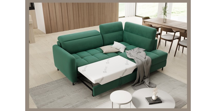 Canapé d’angle droit convertible BARNEA 208 cm vert foncé avec rangement 