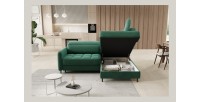 Canapé d’angle droit convertible BARNEA 208 cm vert foncé avec rangement 