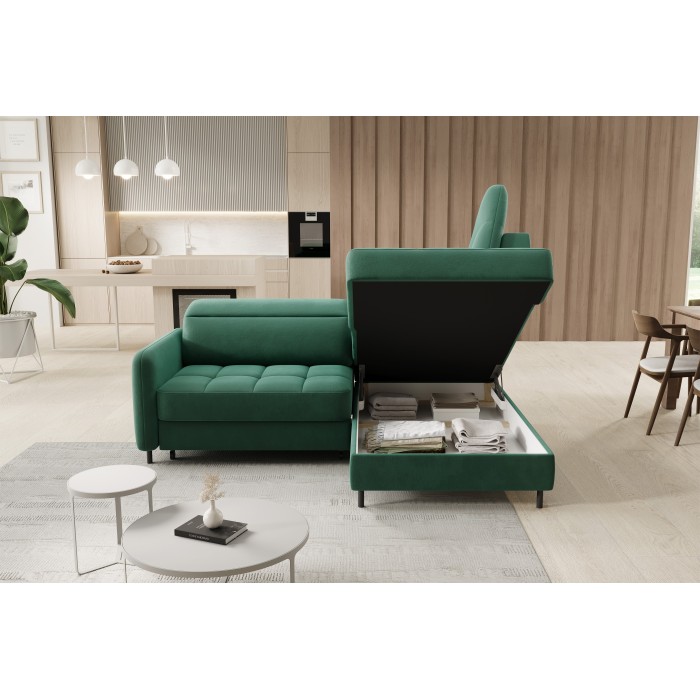 Canapé d’angle droit convertible BARNEA 208 cm vert foncé avec rangement 
