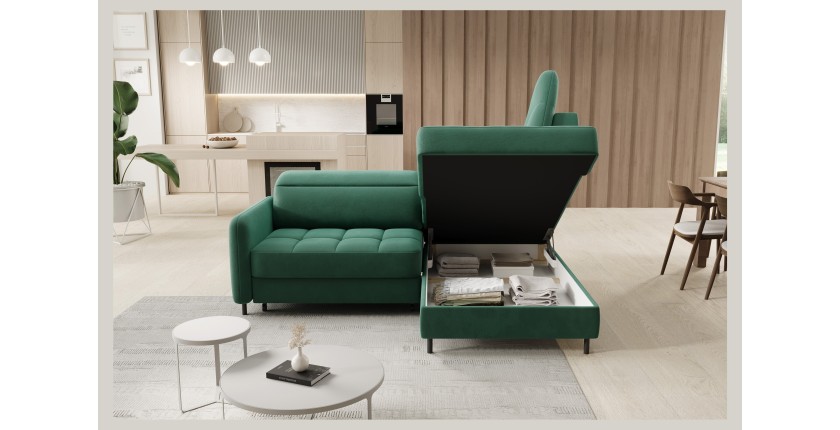 Canapé d’angle droit convertible BARNEA 208 cm vert foncé avec rangement 
