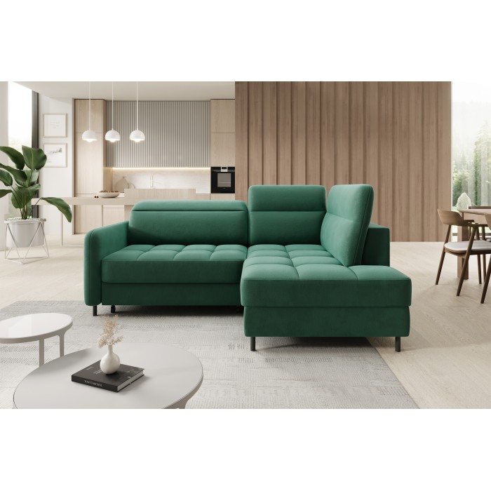 Canapé d’angle droit convertible BARNEA 208 cm vert foncé avec rangement 