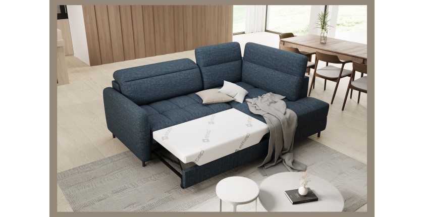 Canapé d’angle droit convertible BARNEA 208 cm bleu foncé avec rangement 