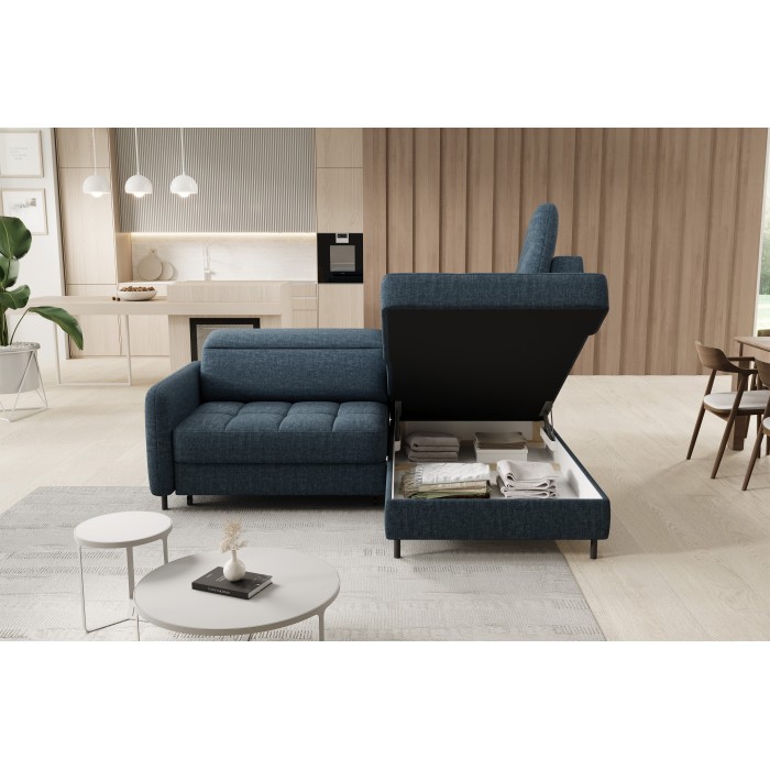 Canapé d’angle droit convertible BARNEA 208 cm bleu foncé avec rangement 