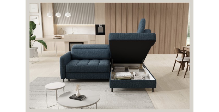 Canapé d’angle droit convertible BARNEA 208 cm bleu foncé avec rangement 