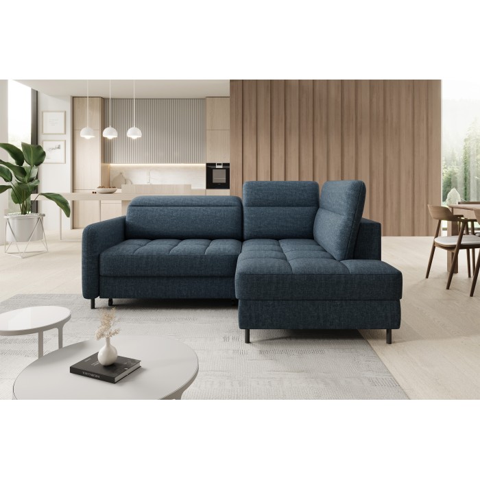 Canapé d’angle droit convertible BARNEA 208 cm bleu foncé avec rangement 