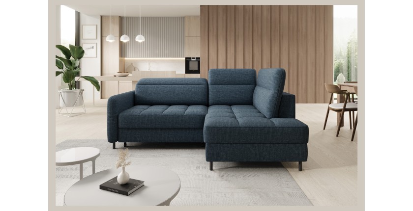 Canapé d’angle droit convertible BARNEA 208 cm bleu foncé avec rangement 