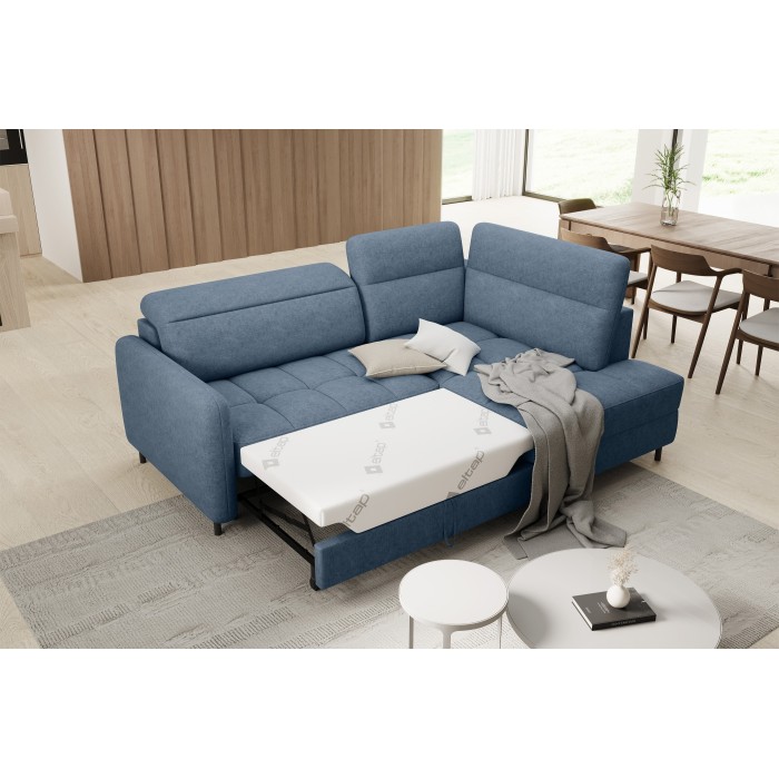 Canapé d’angle droit convertible BARNEA 208 cm bleu marine chiné avec rangement 