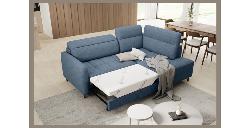 Canapé d’angle droit convertible BARNEA 208 cm bleu marine chiné avec rangement 