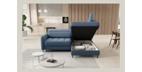 Canapé d’angle droit convertible BARNEA 208 cm bleu marine chiné avec rangement 